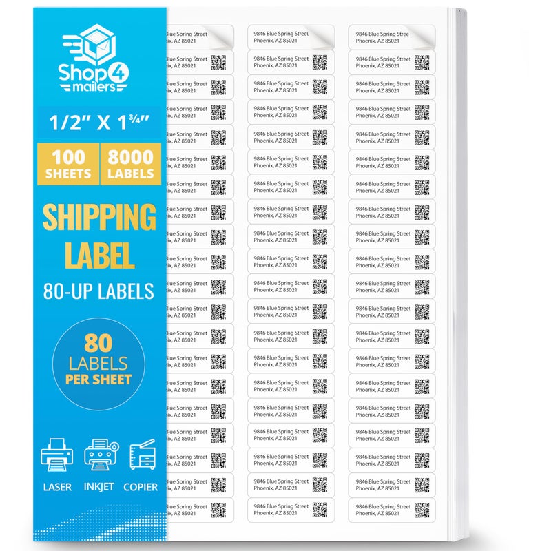 Shop4Mailers 80-Up White Permanent Self Adhesive Shipping Labels Â½â€ x 1 Â¾" Easy Peel Stickers for Laser & Inkjet Printers ~ 100 Sheets, 8000 Labels - Image 1